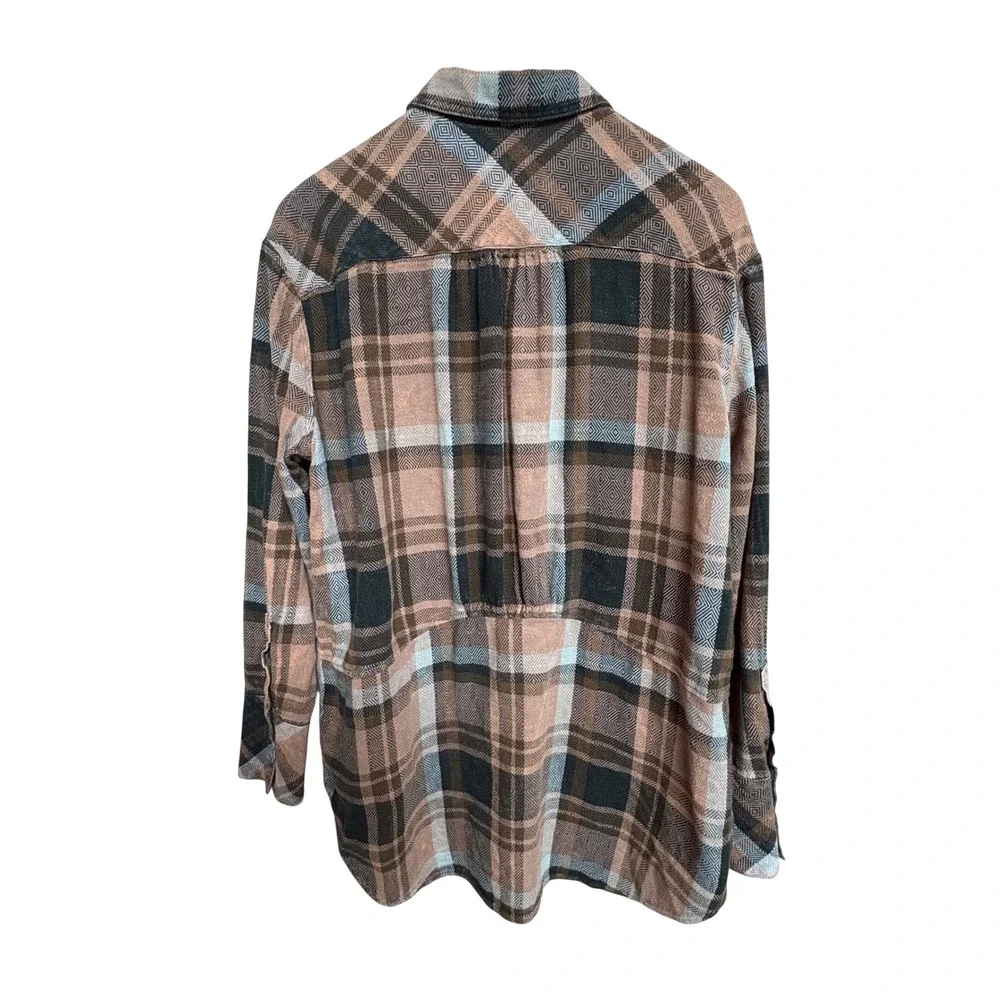 Free People Plaid Tunic Shirt Brown Blue Button Down Peplum Hem Flannel Medium